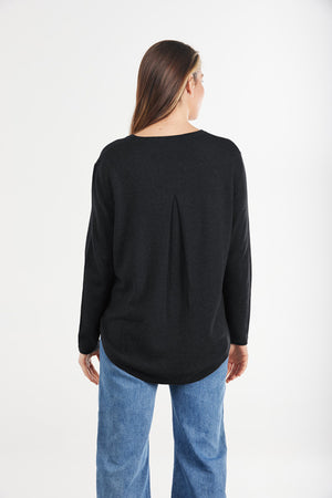 black Classic Oversized Crewneck Wool Cashmere Knit with Back pleat detail
