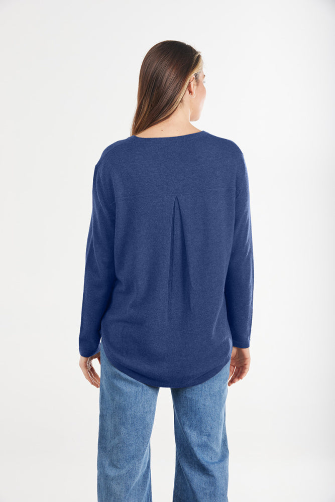 blue Classic Oversized Crewneck Wool Cashmere Knit with Back pleat detail