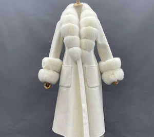 Elegant ladies cashmere and real fox fur long coat