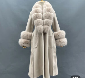 Elegant ladies cashmere and real fox fur long coat