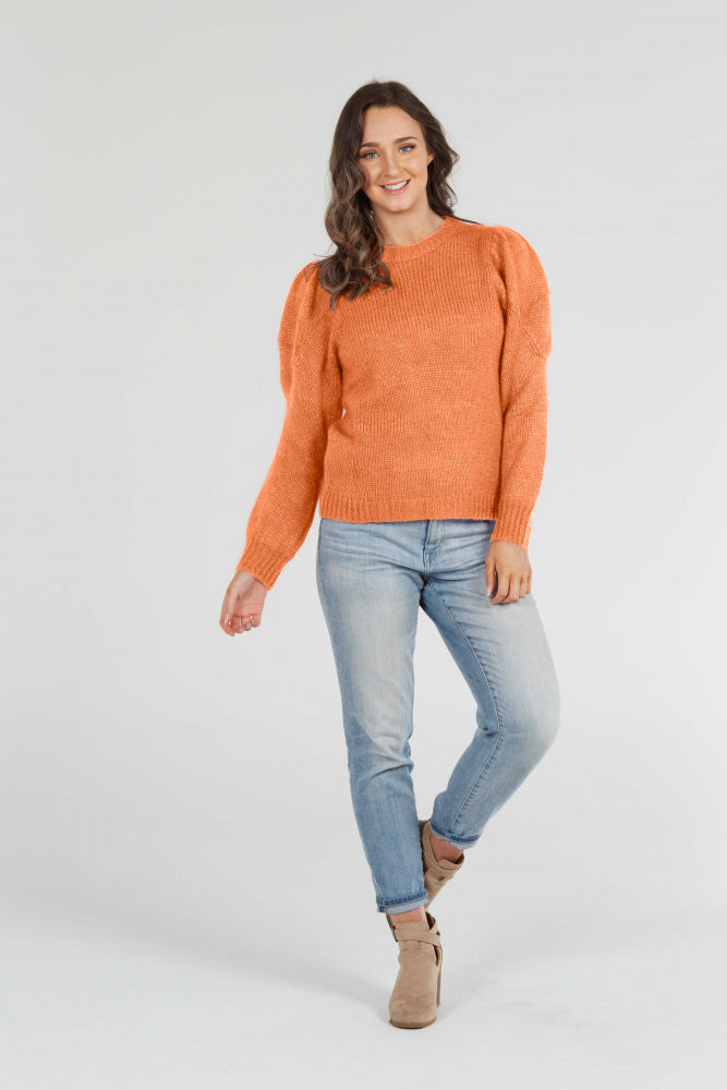 orange Crew Neck Pullover with Puff Sleeves