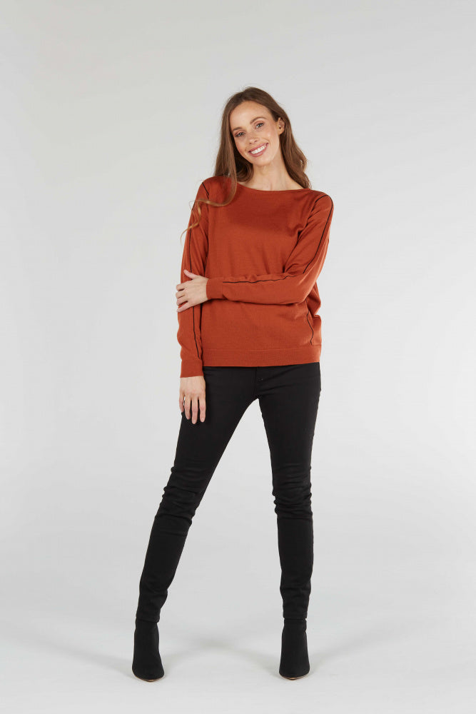 burnt orange Classic Timeless Wool Contrast Chain Stitch Pullover for Women