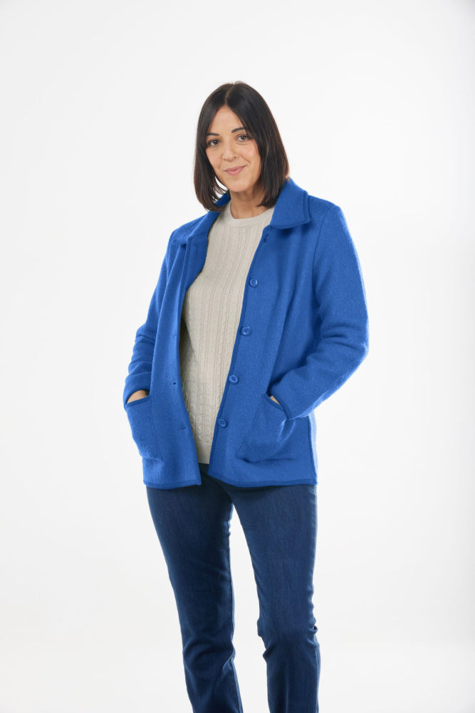 cobalt blue Boiled Pure Wool Jacket with Tall Collar and Zip Closure