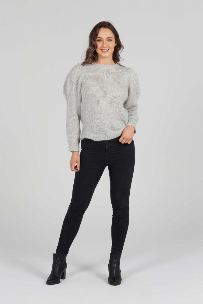 grey Crew Neck Pullover with Puff Sleeves