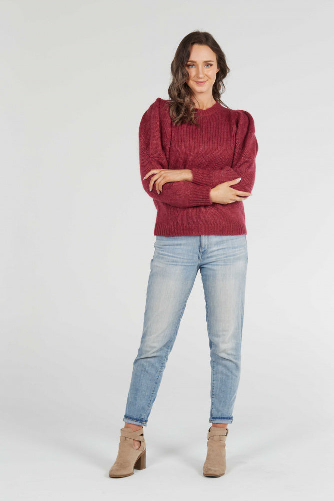 burgundy Crew Neck Pullover with Puff Sleeves