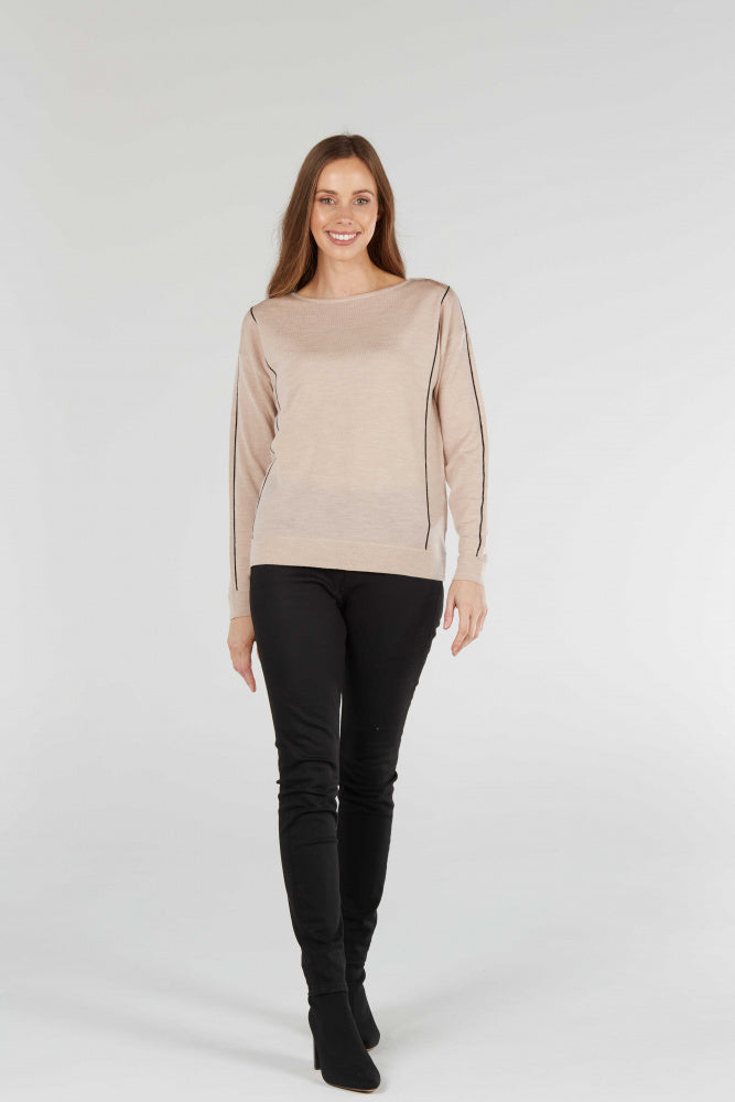beige Classic Timeless Wool Contrast Chain Stitch Pullover for Women